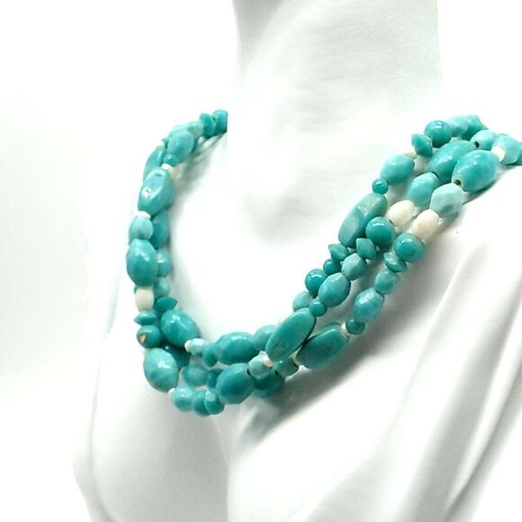 Triple Strand Faux Turquoise (Dyed Howlite) & White Beaded Necklace - Picture 3 of 12